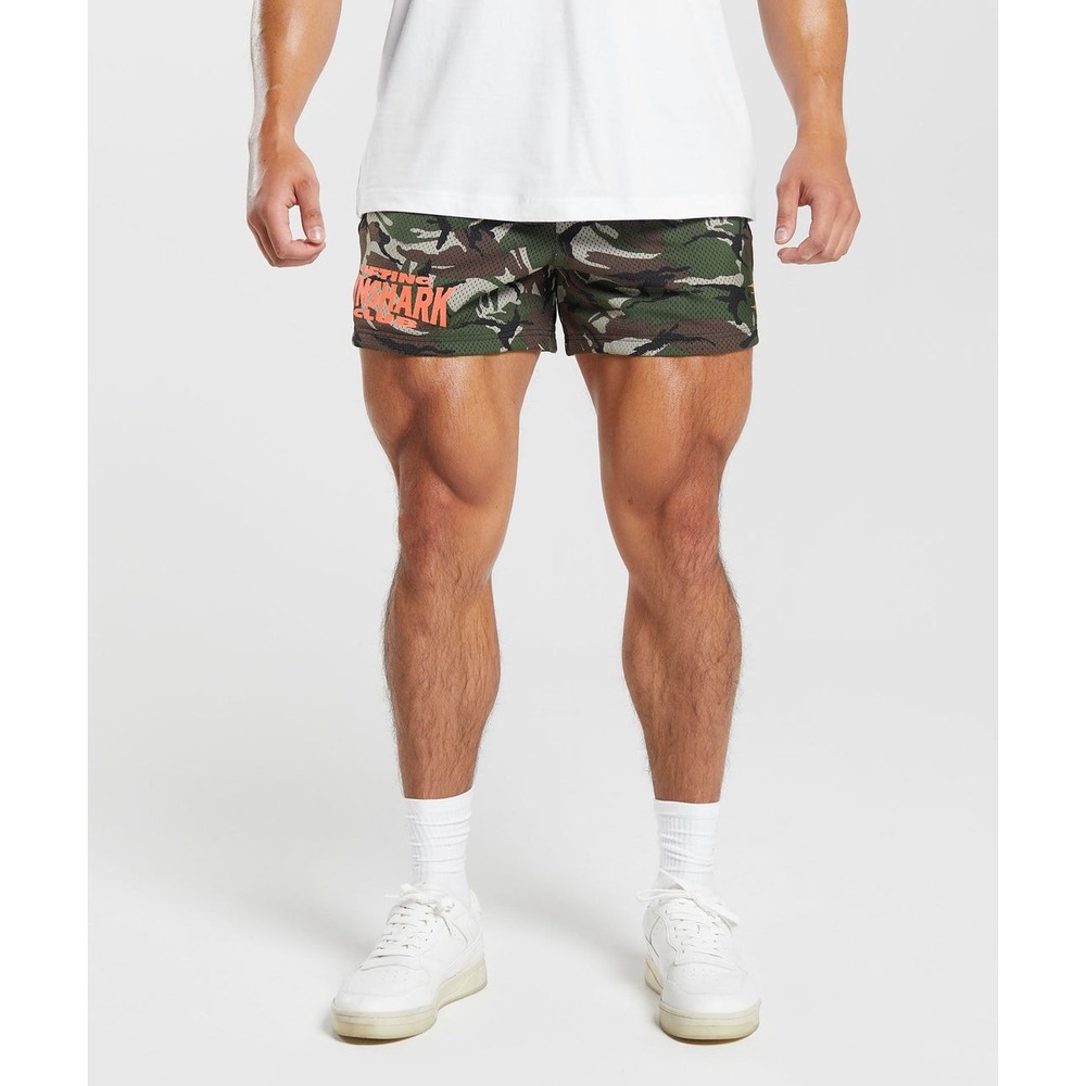 Gymshark Mens Lifting Club Printed Mesh 5" Shorts Camo Green Orange Size S - Picture 2 of 12